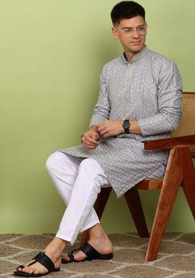 Grey Woven Design Cotton Kurta Set For Men