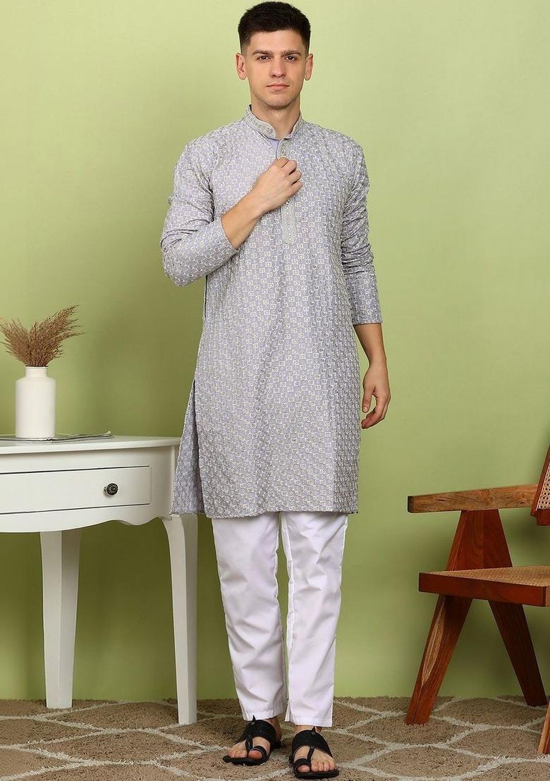 Grey Woven Design Cotton Kurta Set For Men - Indya