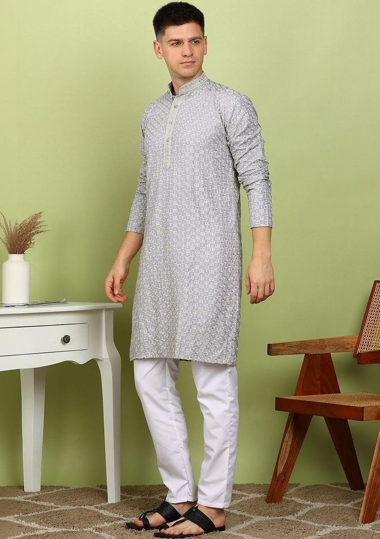 Grey Woven Design Cotton Kurta Set For Men - Indya