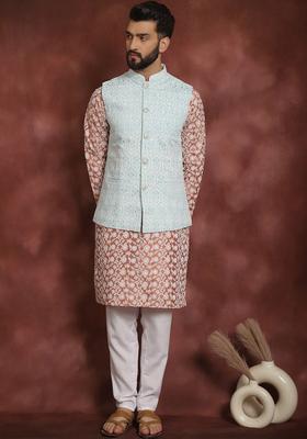 Peach Embroidered Silk Kurta Set For Men