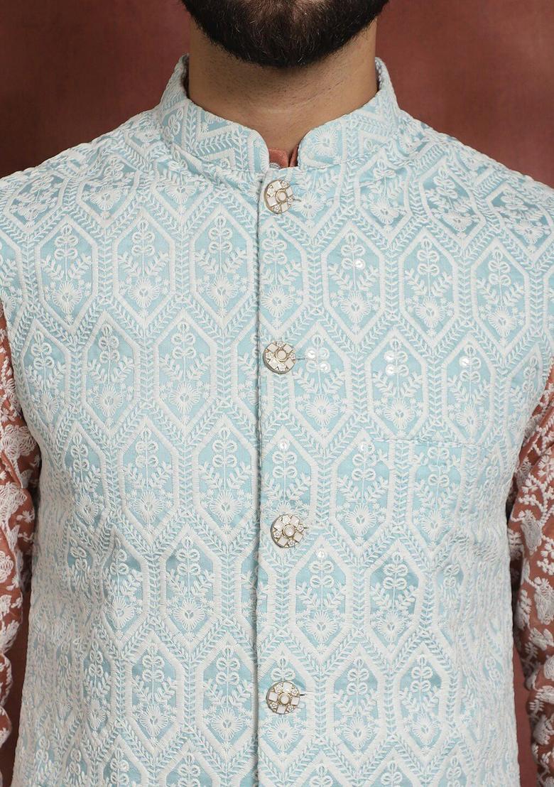 Peach Embroidered Silk Kurta Set For Men - Indya