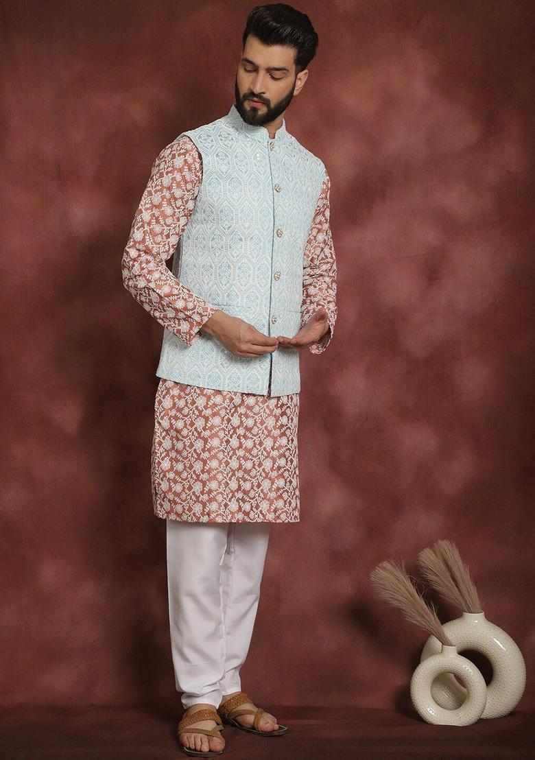 Peach Embroidered Silk Kurta Set For Men - Indya