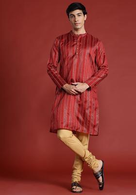 Maroon Striped Polyester Kurta Set For Men