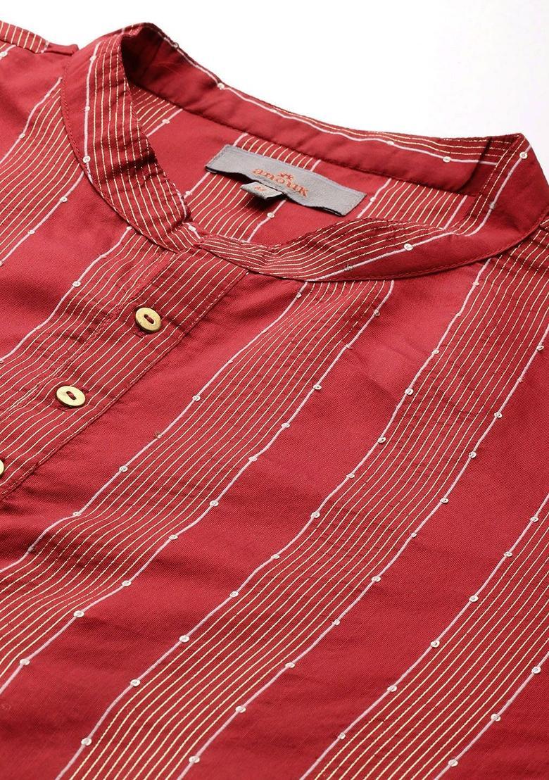 Maroon Striped Polyester Kurta Set For Men - Indya