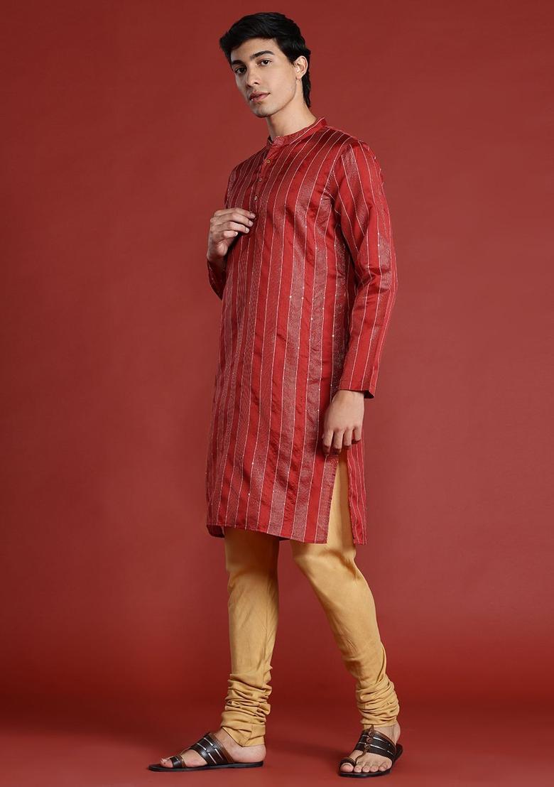 Maroon Striped Polyester Kurta Set For Men - Indya