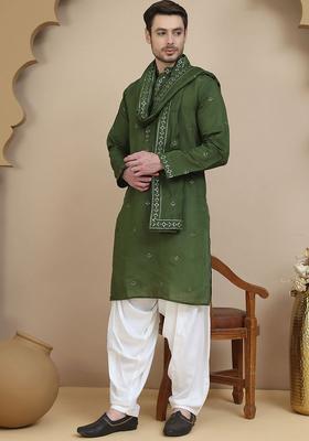 Olive Embroidered Silk Kurta Set For Men