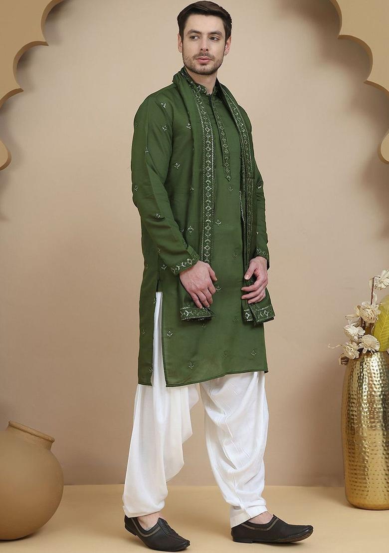 Olive Embroidered Silk Kurta Set For Men - Indya