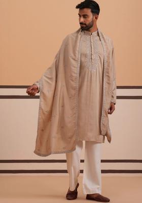 Beige Embroidered Silk Kurta Set For Men