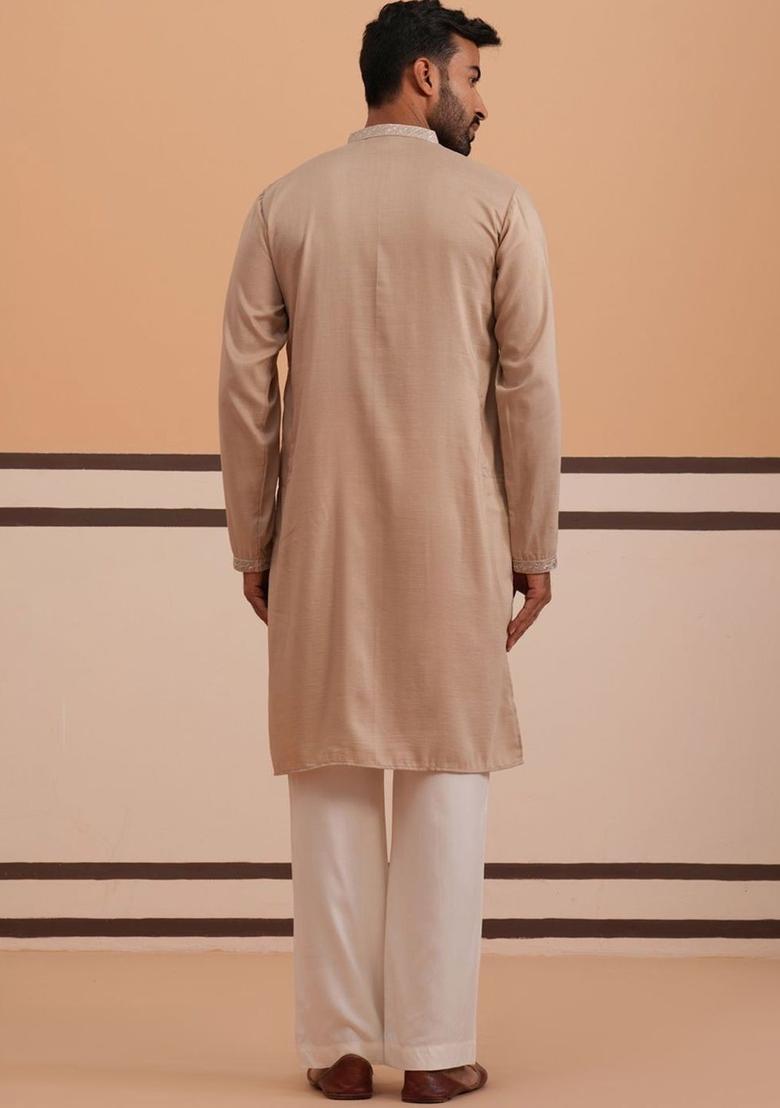 Beige Embroidered Silk Kurta Set For Men - Indya