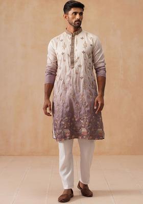 Purple Embroidered Silk Kurta Set For Men