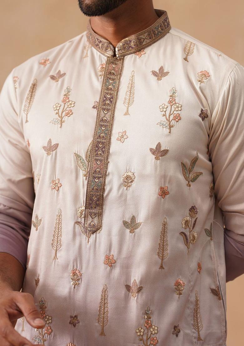 Purple Embroidered Silk Kurta Set For Men - Indya