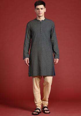 Blue Printed Viscose Kurta Set For Men
