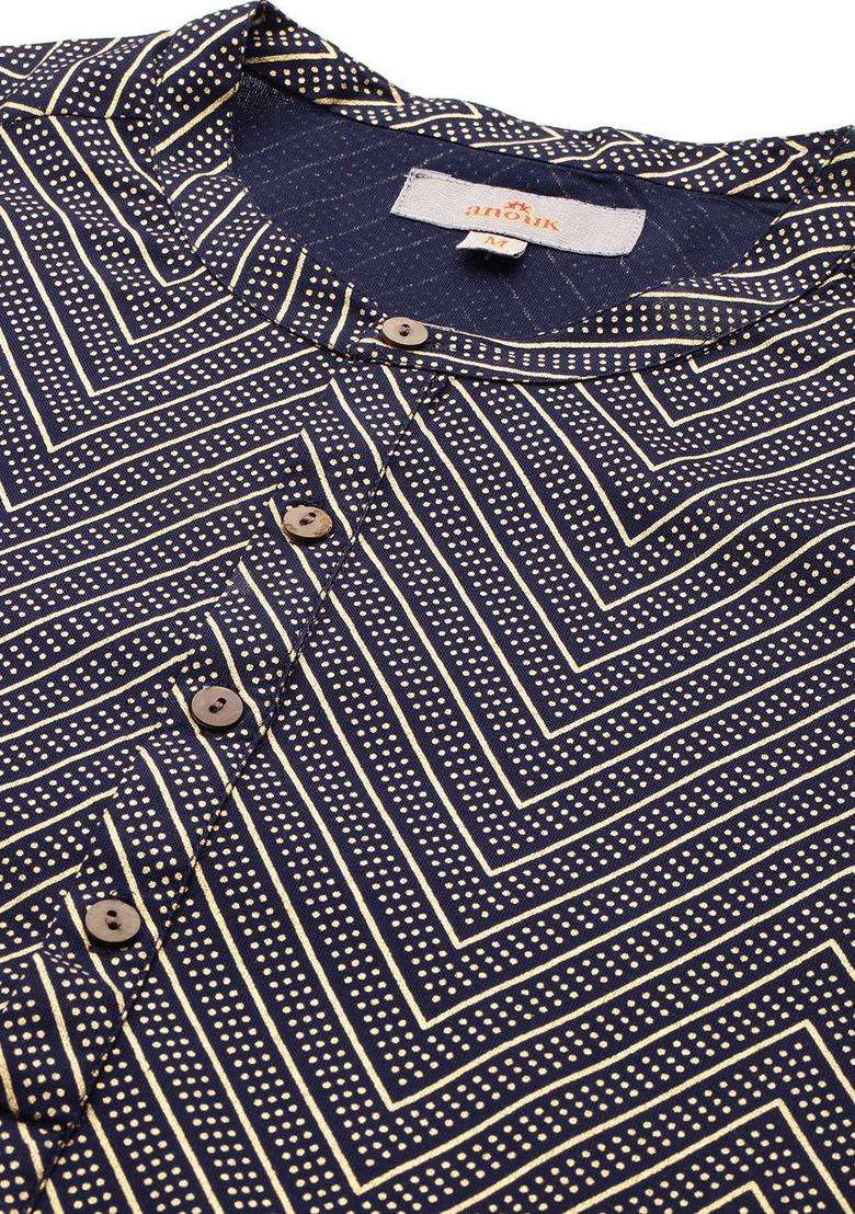 Blue Printed Viscose Kurta Set For Men - Indya
