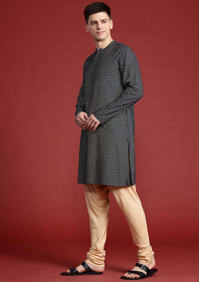 Blue Printed Viscose Kurta Set For Men - Indya