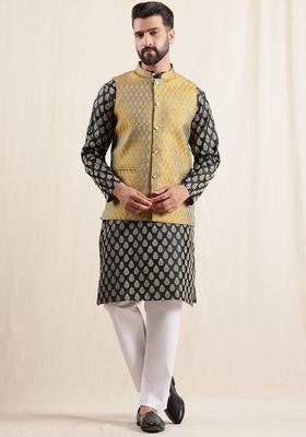 Black Printed Silk Kurta Set For Men