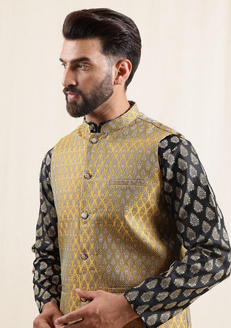Black Printed Silk Kurta Set For Men - Indya