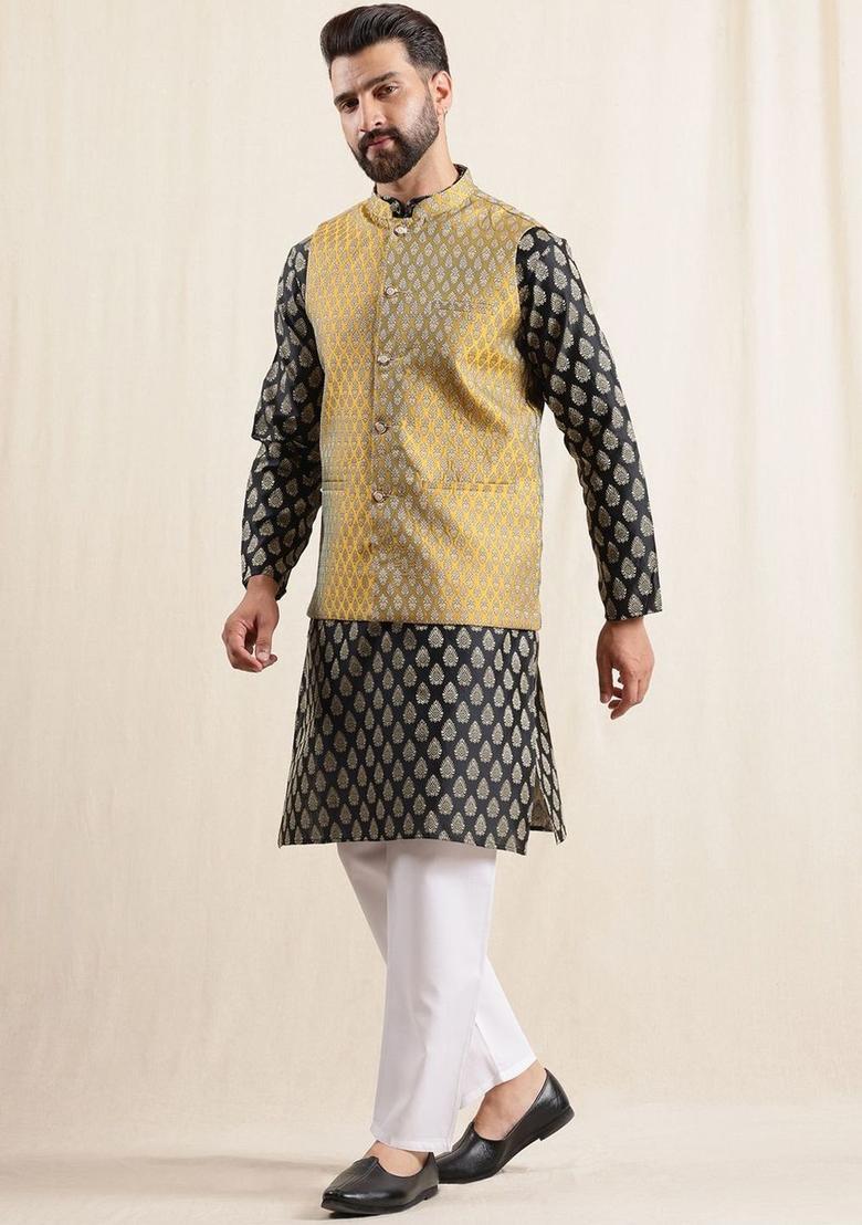Black Printed Silk Kurta Set For Men - Indya