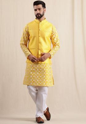 Yellow Embroidered Silk Kurta Set For Men