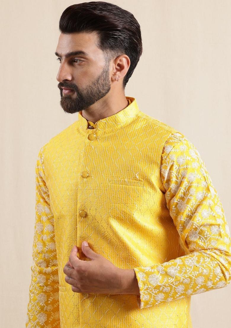 Yellow Embroidered Silk Kurta Set For Men - Indya