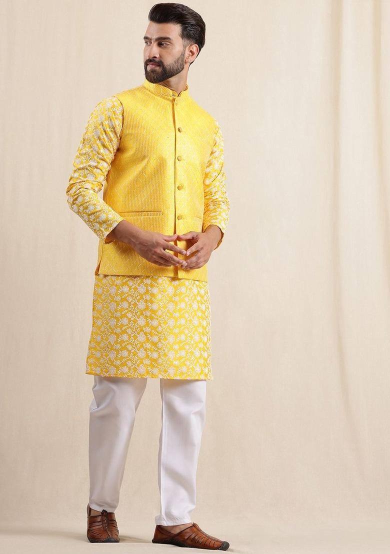 Yellow Embroidered Silk Kurta Set For Men - Indya