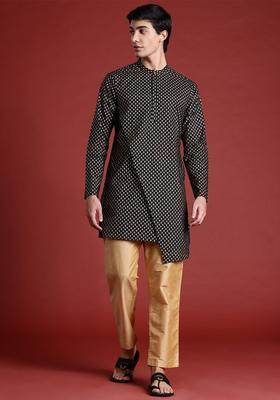 Black Printed Polyester Kurta Set For Men