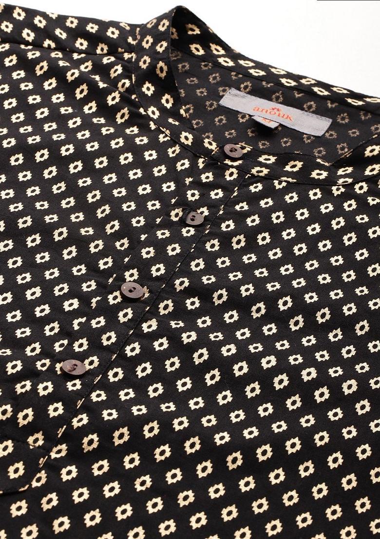 Black Printed Polyester Kurta Set For Men - Indya