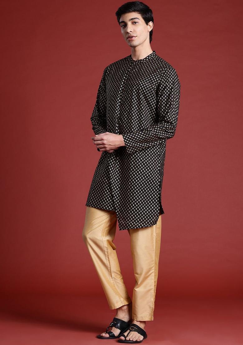 Black Printed Polyester Kurta Set For Men - Indya