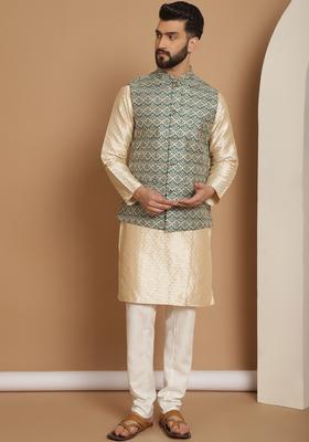 Beige Woven Design Silk Blend Kurta Set For Men