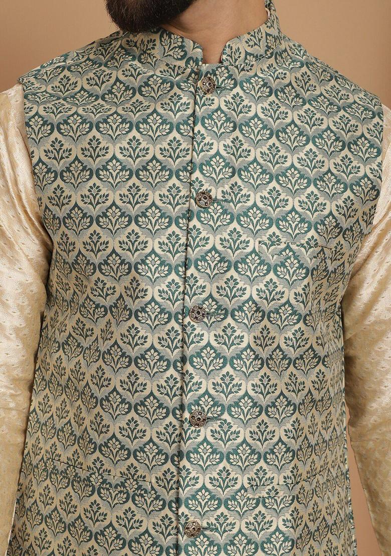 Beige Woven Design Silk Kurta Set For Men - Indya