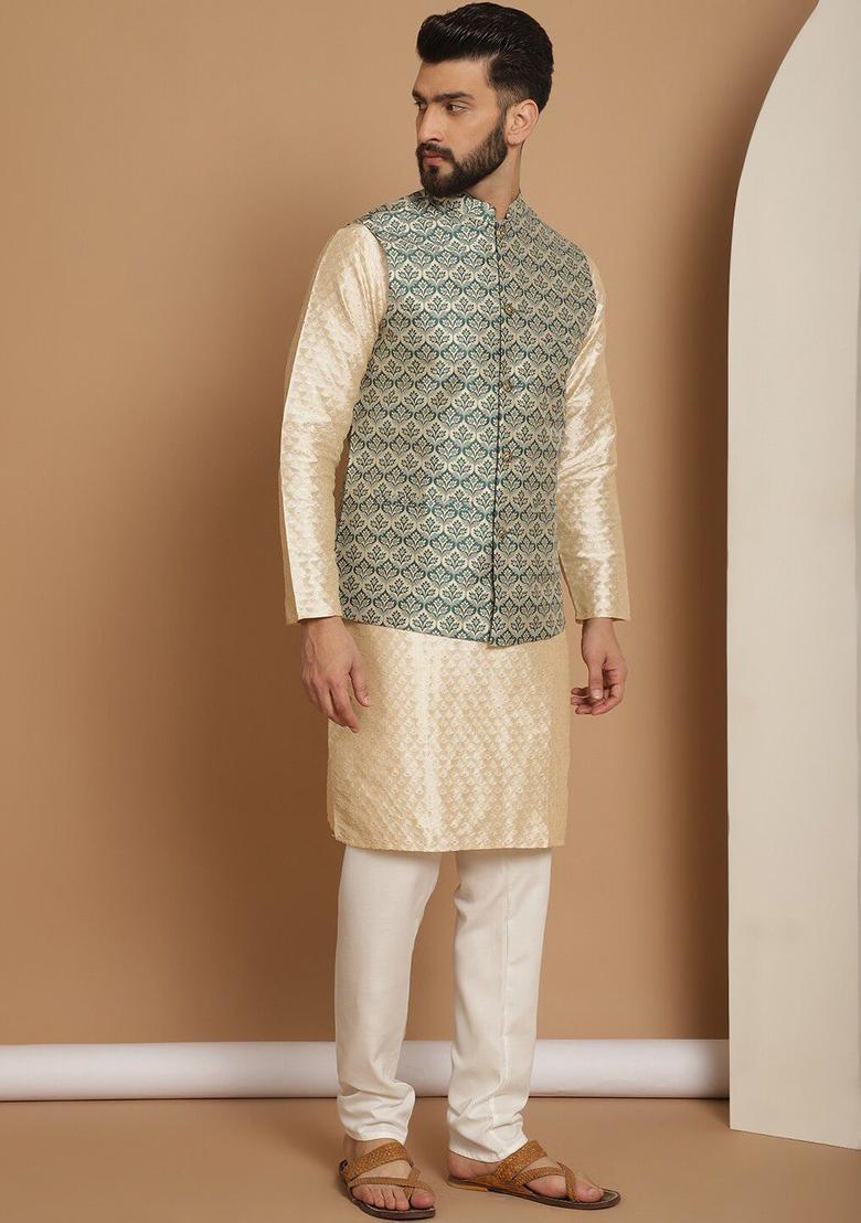 Beige Woven Design Silk Kurta Set For Men - Indya