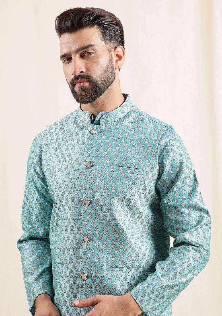 Blue Printed Silk Kurta Set For Men - Indya