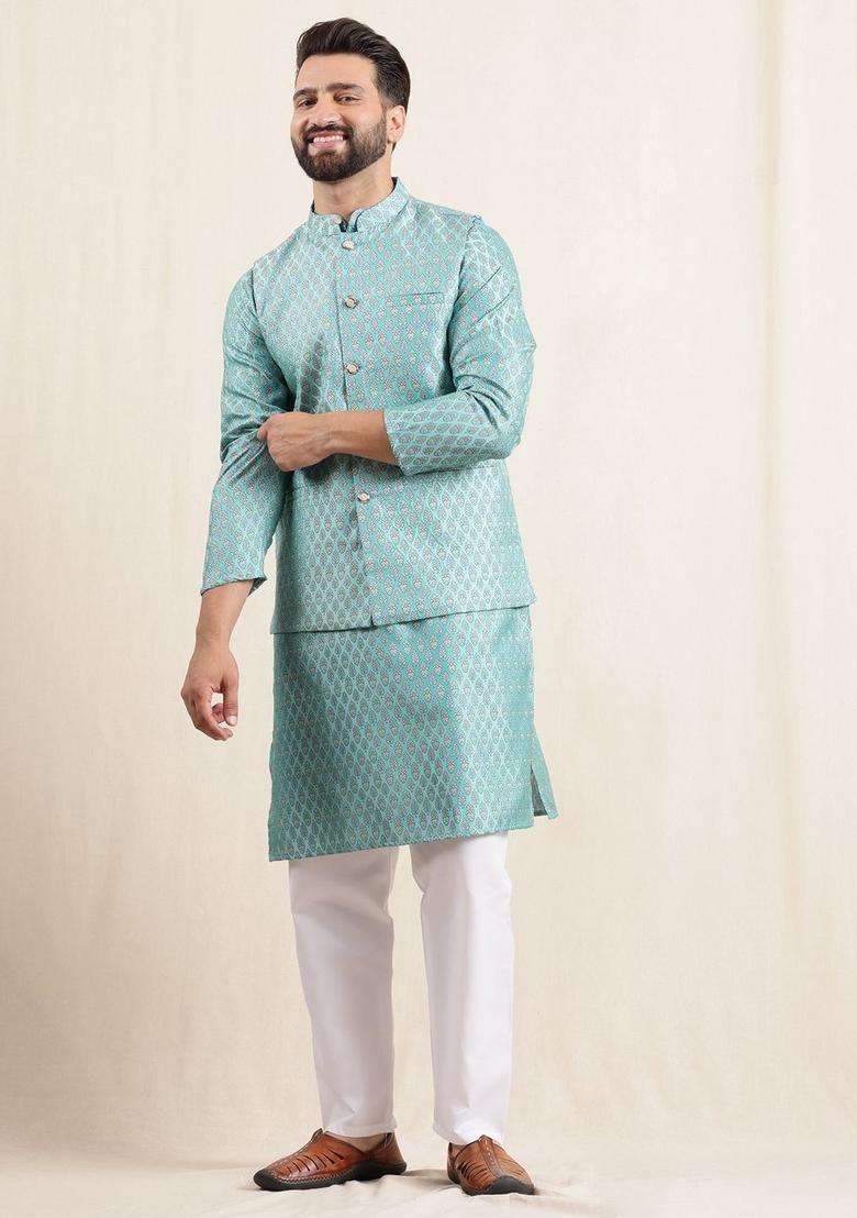 Blue Printed Silk Kurta Set For Men - Indya