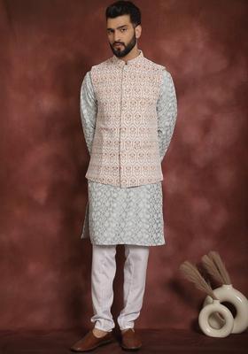 Grey Embroidered Silk Kurta Set For Men