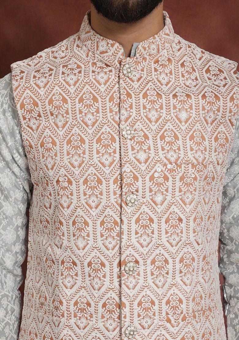 Grey Embroidered Silk Kurta Set For Men - Indya