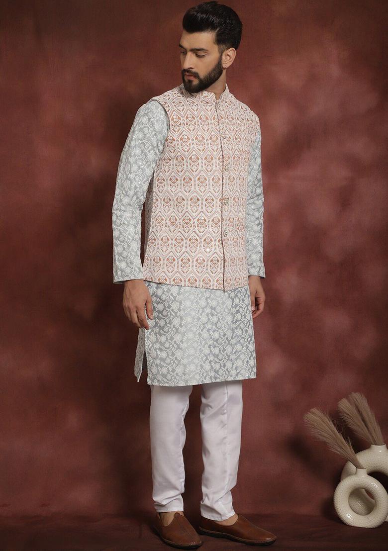 Grey Embroidered Silk Kurta Set For Men - Indya