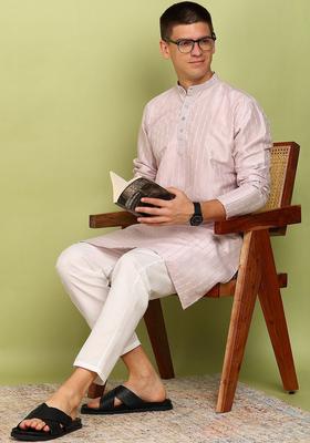 Pink Woven Design Silk Kurta Set For Men