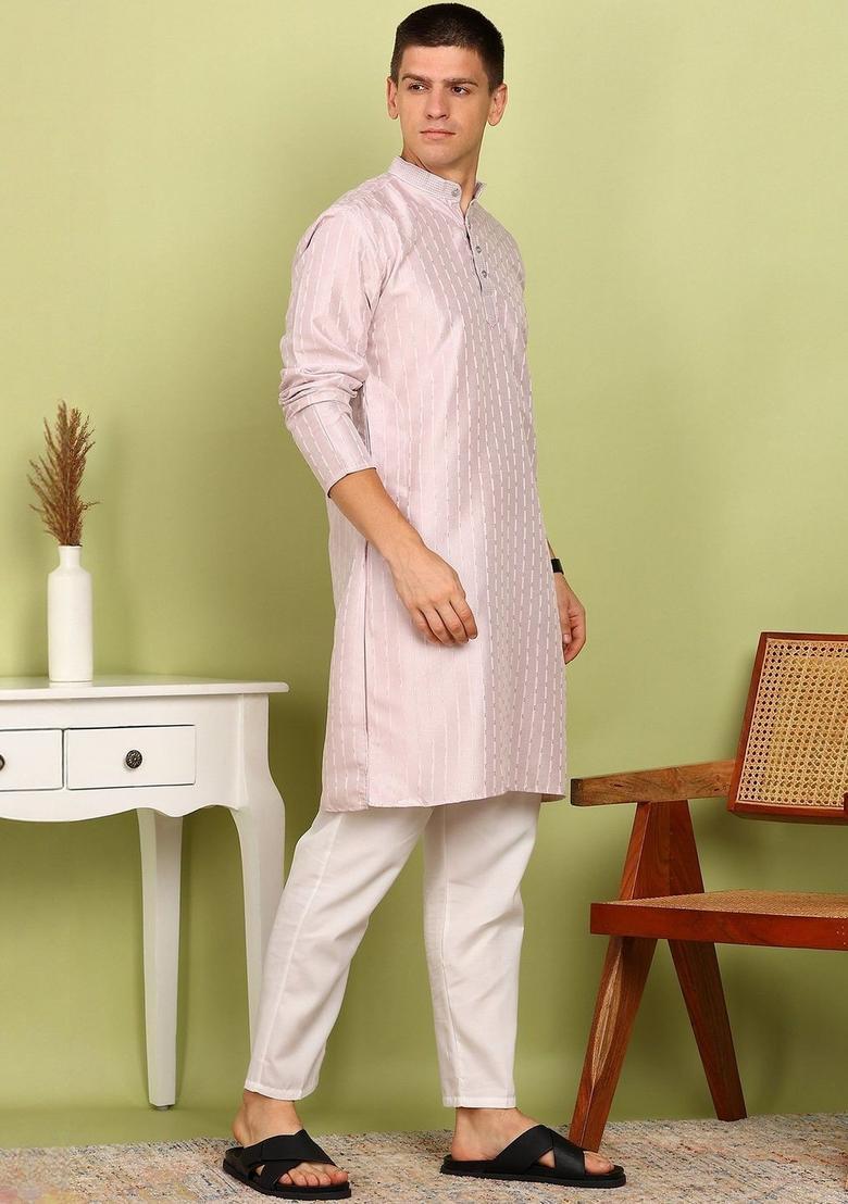 Pink Woven Design Silk Kurta Set For Men - Indya
