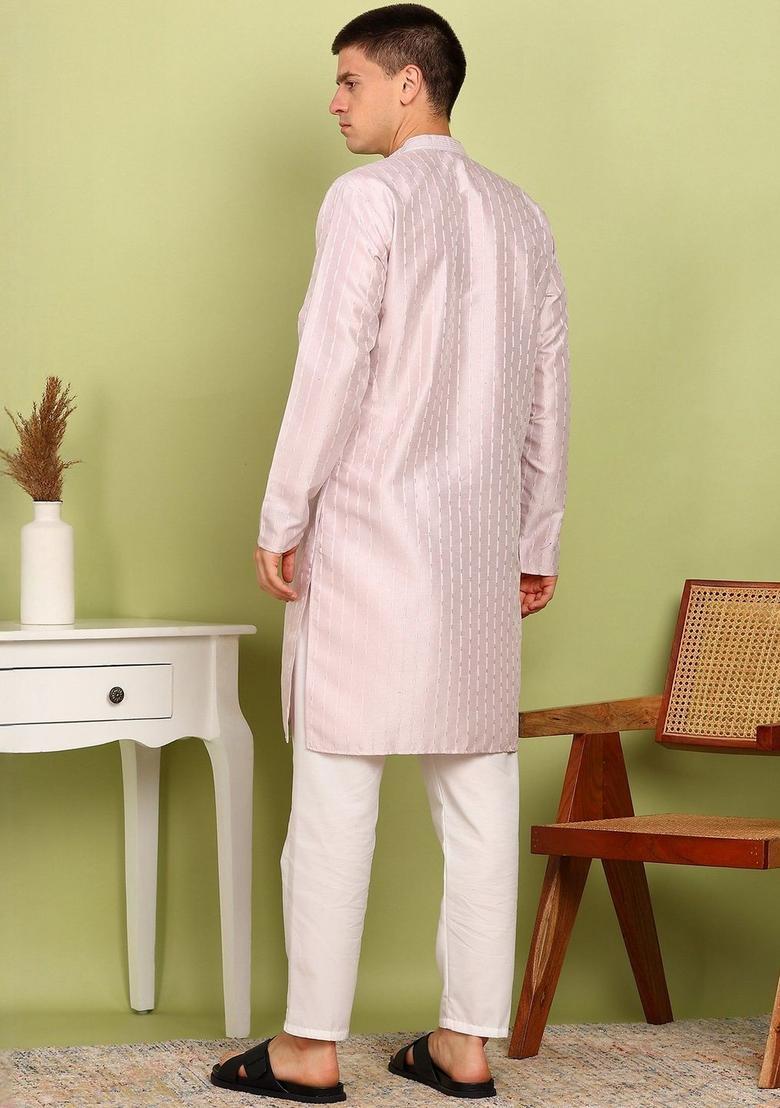 Pink Woven Design Silk Kurta Set For Men - Indya