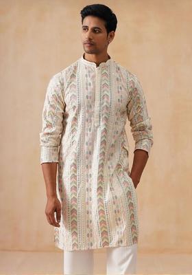 Beige Embroidered Silk Kurta Set For Men