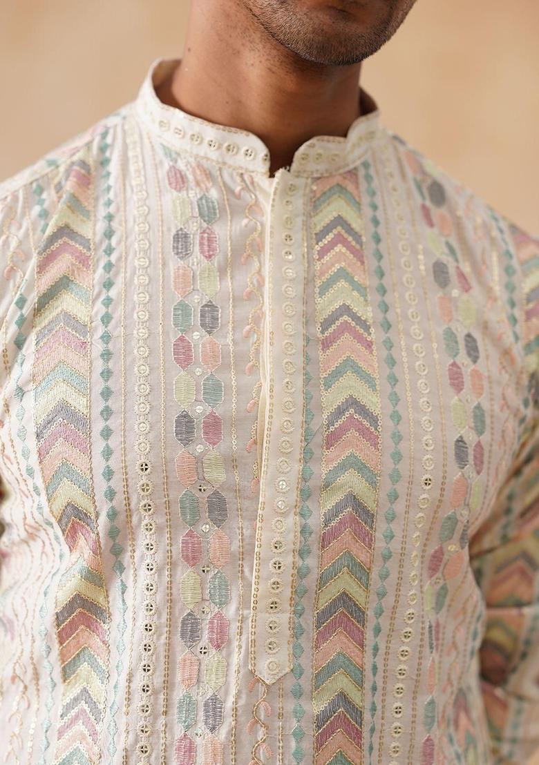 Beige Embroidered Silk Kurta Set For Men - Indya