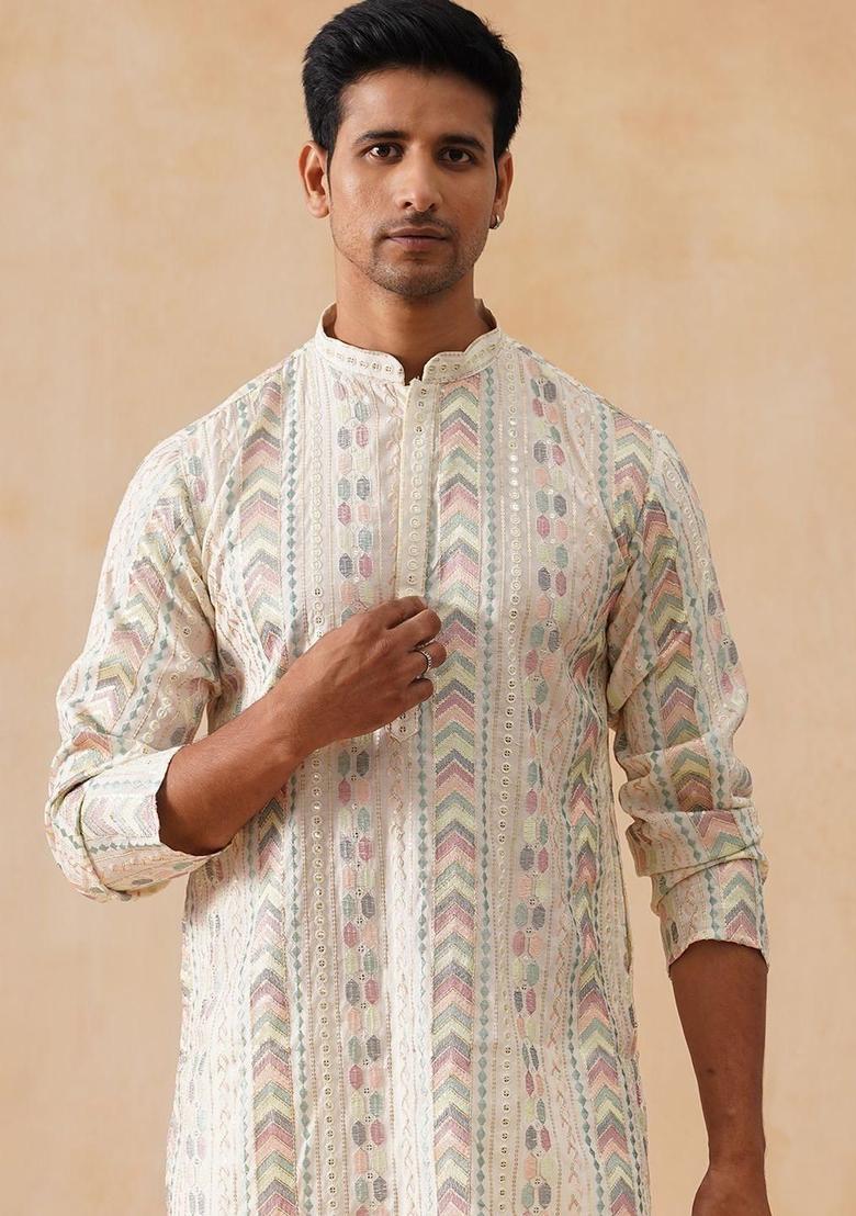 Beige Embroidered Silk Kurta Set For Men - Indya