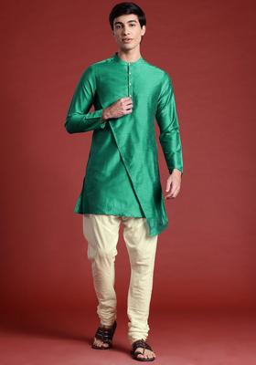 Green Solid Polyester Kurta Set For Men
