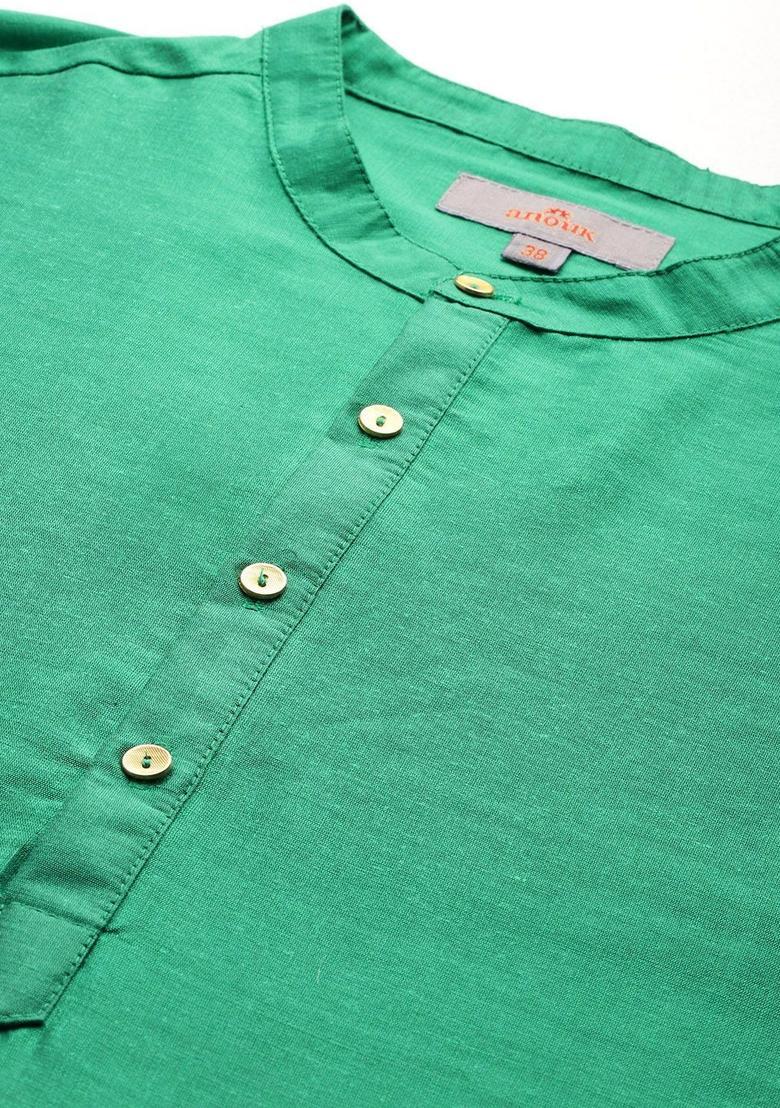 Green Solid Polyester Kurta Set For Men - Indya