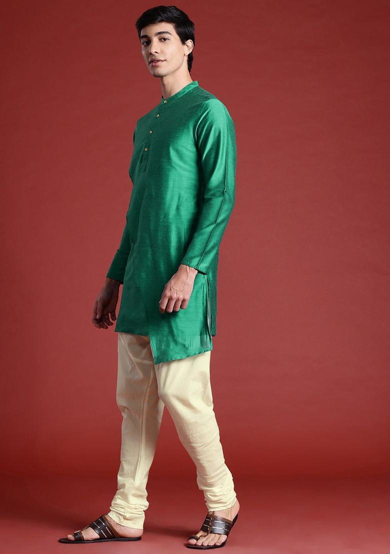 Green Solid Polyester Kurta Set For Men - Indya