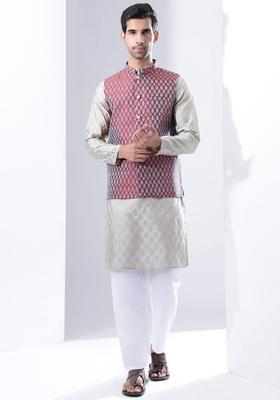 Grey Woven Design Silk Kurta Set For Men