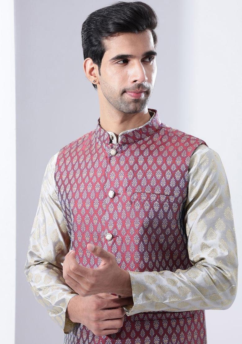 Grey Woven Design Silk Kurta Set For Men - Indya