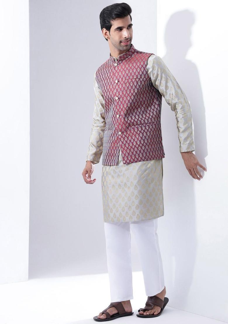 Grey Woven Design Silk Kurta Set For Men - Indya