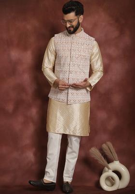 Beige Printed Silk Kurta Set For Men