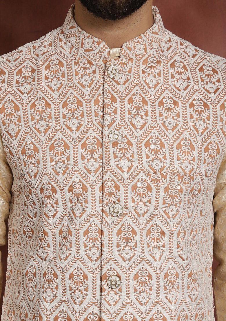 Beige Printed Silk Kurta Set For Men - Indya
