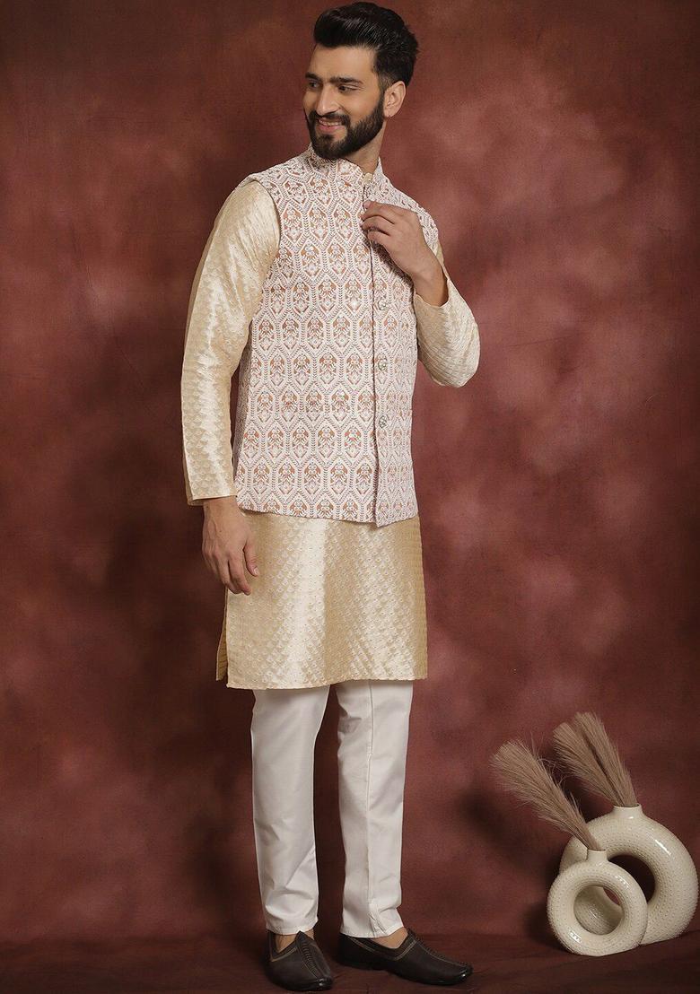 Beige Printed Silk Kurta Set For Men - Indya